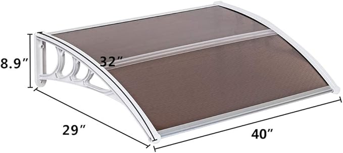 Window Awning Door Canopy Exterior- 32" x 40" Aluminum Door Awning, Polycarbonate Cover Patio Canopy Awning for House, Outside, Rain Snow & UV Resistant (Brown Board & White Bracket)