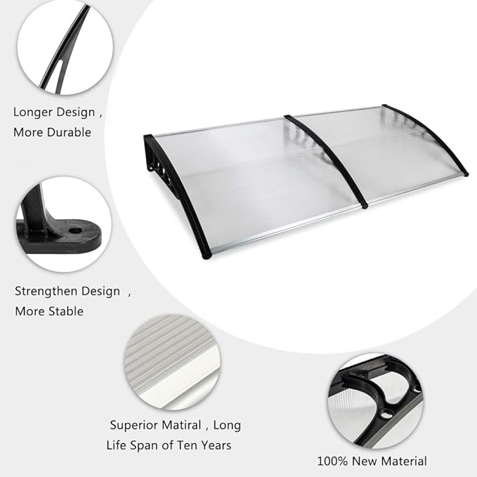Window Awning Door Canopy Exterior- 38" x 80" Aluminum Door Awning, Polycarbonate Cover Patio Canopy Awning for House, Outside, Rain Snow & UV Resistant (Clear Board & Black Bracket)