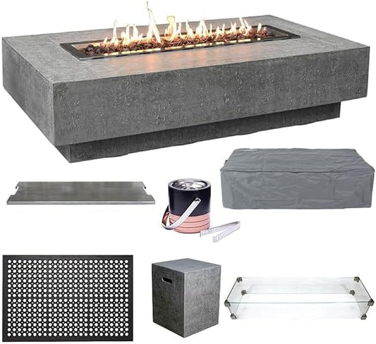 Elementi Hampton Fire Pit Bundle Outdoor Firepit Set Includes 56¡± Propane Concrete Firepit Table, Glass Windscreen, Stainless Steel Cover, Tank Cover, Canvas Cover, Floor Mat, Ice Bucket