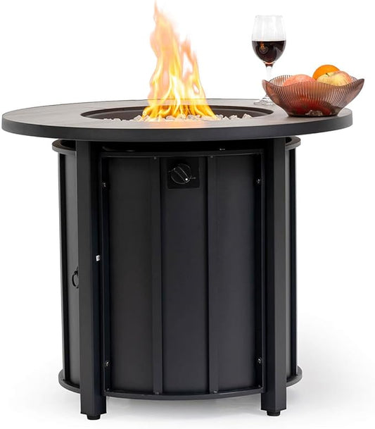 30'' Concrete Round Gas Fire Pit, 50,000 BTU Steel Outdoor Fire Tables, Fire Table with Lid, Add Warmth & Ambience to Gatherings and Parties On Patio Deck Garden Backyard£¬White Glass Stone.