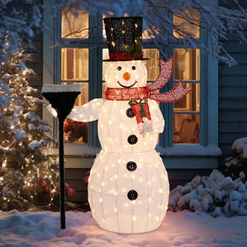 VINGLI 5ft Lighted Christmas Snowman Outdoor Decorations, with Mesh Cloth and Broom, Pre-lit 200 LED Lights Snowman Christmas Ornament Indoor Home Yard Decor