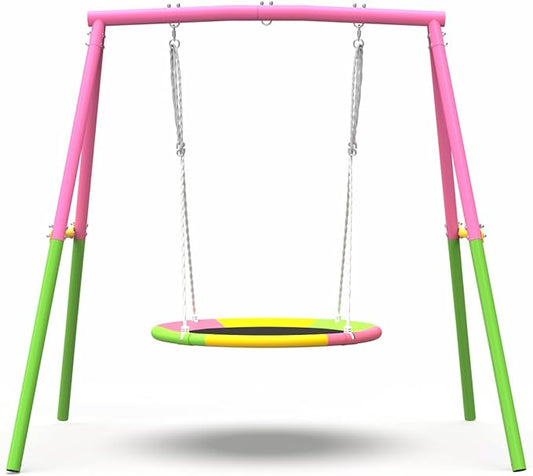 440lbs Saucer Swing with Frame for Kids Outdoor, Heavy Duty Metal Swing Set for Backyard for Playground - Backyard Playset, Adjustable Ropes (Pink)