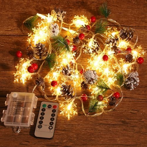Christmas Garland with String Lights 10 Ft 30 LED Pine Cone Red Berry Bells Garland Lights, Indoor Christmas Decorations for Home and Fireplace Mantel Decor