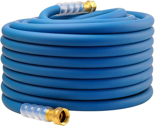 Heavy Duty Premium Garden Hose 100ft x 5/8, 300PSI Working, 1000PSI Burst, Hybrid Rubber Water Hose with Transparent Swivel Handle - Hot/Cold Water - Five Layered Braiding with Brass fittings (Blue)