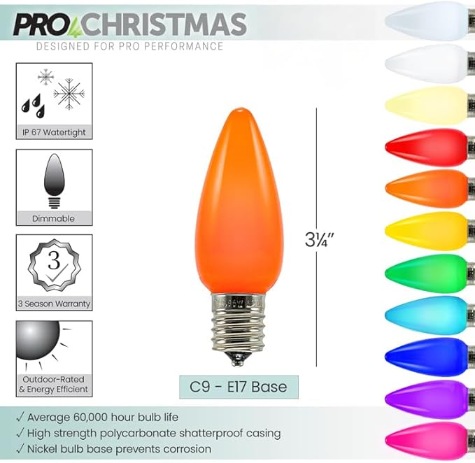 Pro Christmas SMD C9 LED Retrofit Bulb - Pro Pack of 25 Bulbs - Dimmable Energy Efficient Outdoor Waterproof Lighting for Holiday Decor, Christmas Trees - Frosted Smooth - Amber/Orange