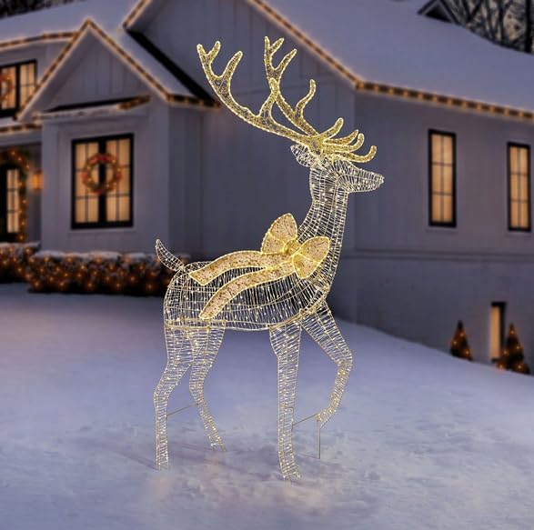 7ft Pre-Lit Twinkling Buck with 1,608 Warm White LED Lights, Outdoor/Indoor Christmas Reindeer Yard Decoration with Bow & Antlers