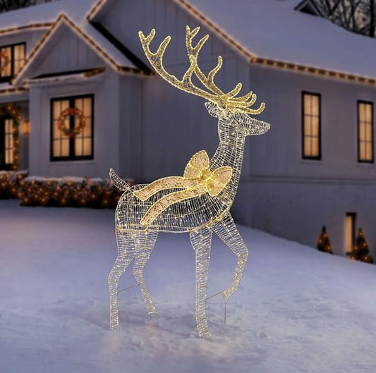 7ft Pre-Lit Twinkling Buck with 1,608 Warm White LED Lights, Outdoor/Indoor Christmas Reindeer Yard Decoration with Bow & Antlers