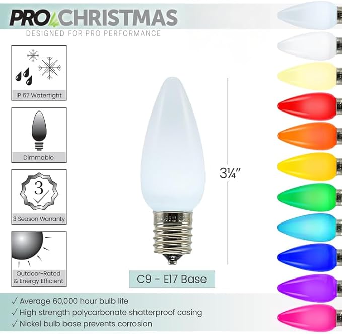 Pro Christmas SMD C9 LED Retrofit Bulb - Pro Pack of 25 Bulbs - Dimmable Energy Efficient Outdoor Waterproof Lighting for Holiday Decor, Christmas Trees - Frosted Smooth - Cool White