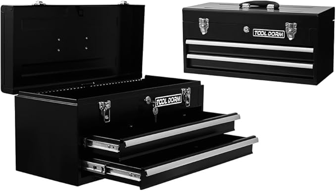 20.3¡° Metal Tool Box with Drawer Portable Steel Tool Box with EAV Liner and Latch Closure and Lock for Garage, Home and Warehouse (Black-2 Drawers)