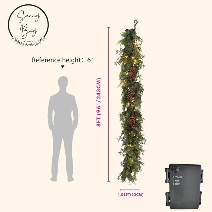 8 Foot Prelit Natural Garland with 50 Warm White LED Lights with Timer Function | Realistic Cedar and Mixed Greenery Holiday Decoration, for Front Door, Mantel, and Home Decor