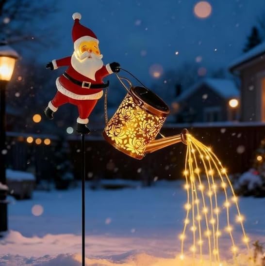 Solar Christmas Lights Outdoor, Waterproof Hanging Metal Watering Can Light Solar Christmas Decorations, Santa Solar Kettle Lights Holiday Displays for Garden Patio Path Yard Lawn