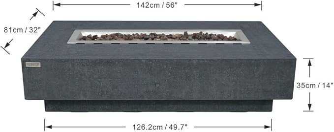 Hampton Fire Table Outdoor Fire Pit 56 x 32 Cast Concrete Firepit Includes Lava Rocks 45,000 BTUs Outdoor Fireplace for Patio Furniture Set, Deck, Porch, Outdoor Heater - Natural Gas