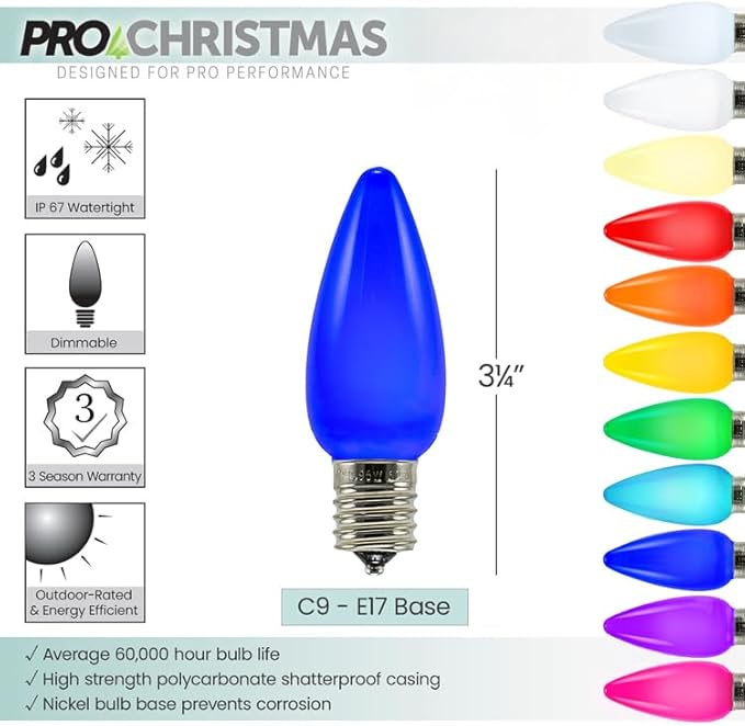 Pro Christmas SMD C9 LED Retrofit Bulb - Pro Pack of 25 Bulbs - Dimmable Energy Efficient Outdoor Waterproof Lighting for Holiday Decor, Christmas Trees - Frosted Smooth - Blue