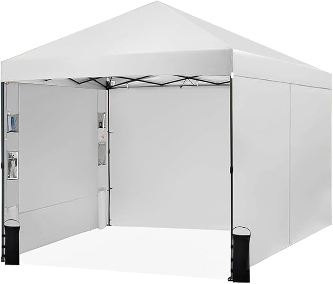 10X10 Comercial Pop Up Canopy Tent with 4 Sidewalls and 6 Pockets, One Push Setup Center Lock, for Beach Patio Outdoor, Case, 8 Stakes, 4 Ropes, 4 Sandbags (Snow White)