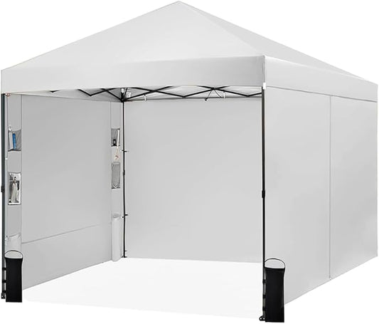 10X10 Comercial Pop Up Canopy Tent with 4 Sidewalls and 6 Pockets, One Push Setup Center Lock, for Beach Patio Outdoor, Case, 8 Stakes, 4 Ropes, 4 Sandbags (Snow White)