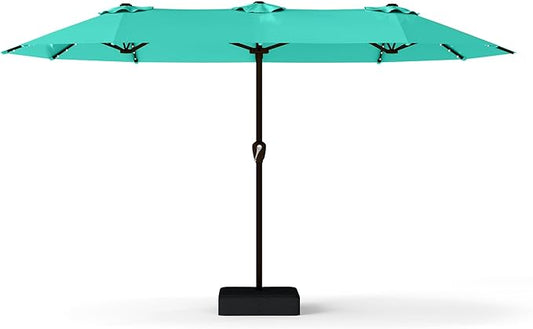 13FT Double-Sided Patio Umbrella with 48 Solar LED Lights, Large Rectangular Outdoor Market Umbrella with Crank Handle, Vented Canopy, Heavy-Duty 12 Rib Steel Frame, for Backyard, Garden, Pool, Turquoise Blue