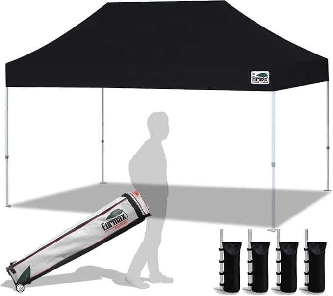 Eurmax USA Standard 10'x15' Patio Pop Up Canopy Tent Commercial Instant Canopies with Heavy Duty Roller Bag,Bonus 4 Sand Weights Bags (Black)