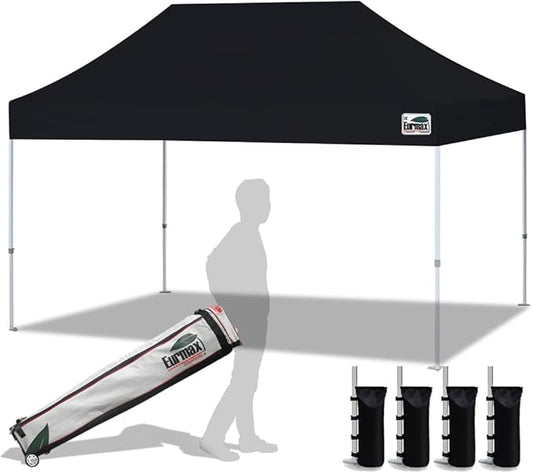 Eurmax USA Standard 10'x15' Patio Pop Up Canopy Tent Commercial Instant Canopies with Heavy Duty Roller Bag,Bonus 4 Sand Weights Bags (Black)