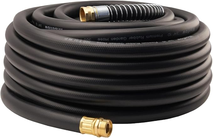 WiseFlow Garden Hose 75FT x 3/4, Heavy Duty Rubber Hose, Water Hose with Five Layered Braiding, Male Female Fittings, 1000PSI Burst, 300PSI Working (Black)
