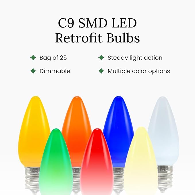 Pro Christmas SMD C9 LED Retrofit Bulb - Pro Pack of 25 Bulbs - Dimmable Energy Efficient Outdoor Waterproof Lighting for Holiday Decor, Christmas Trees - Frosted Smooth - Multi Color
