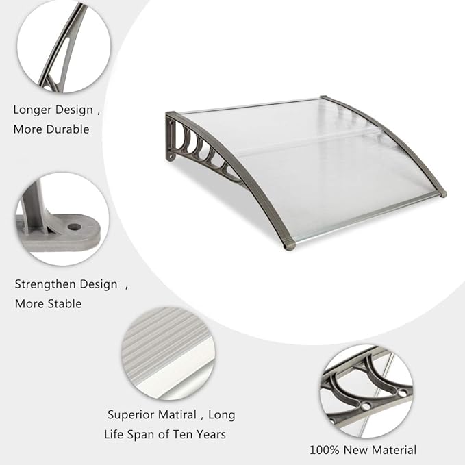 Window Awning Door Canopy Exterior- 38" x 40" Aluminum Door Awning, Polycarbonate Cover Patio Canopy Awning for House, Outside, Rain Snow & UV Resistant (Clear Board & Grey Bracket)