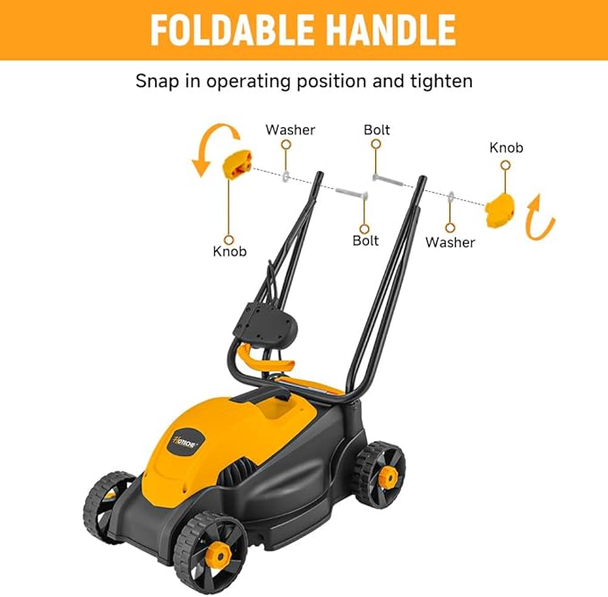Hoteche 10-Amp Corded Electric Lawn Mower - 12.6 Inch Cutting Width, 30L Grass Bag, 3 Height Adjustments (1-2.2), Lightweight Walk-Behind Mower for Small/Medium Lawns (Easy Push Design)