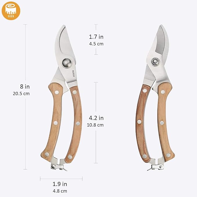 BUGUI Wood Handle Pruning Shears, SK-5 Steel Blade, 1-inch Cutting Capacity, Sharp, Well Designed Garden Shears, 8