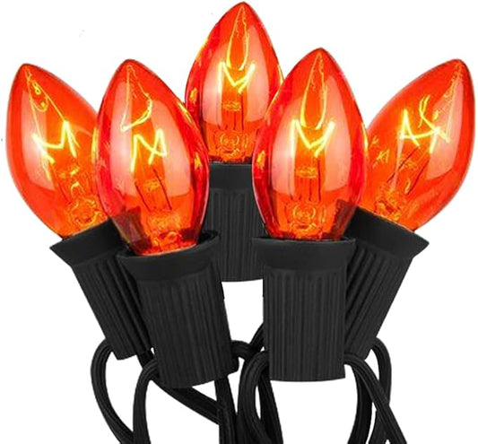 Halloween Orange String Lights Outdoor, 25Ft C7 Halloween Decorations Lights with 27 Clear Orange Bulbs (2 Spare), Waterproof Vintage Christmas Lights for Patio Party Holiday Garden- Black