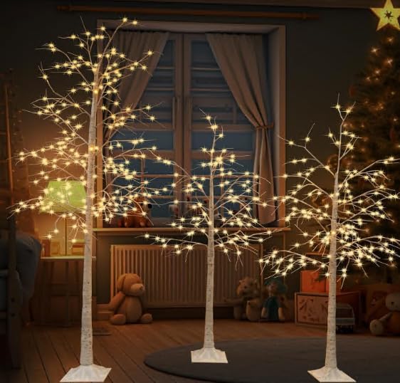 Garsing Lighted Birch Tree Set of 5ft, 6ft and 8ft, Lights Artificial Christmas Tree for Home, Festival, Party and Holiday Decoration, Indoor and Outdoor Use (3 Pack, Warm White)
