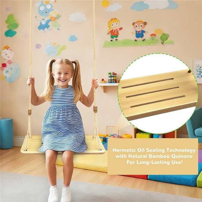 500LBS Waterproof Wooden Swing Seat Hermetic Oil Sealing for Outdoor Indoor, 16 x 7 x 0.8 Adjustable Hanging Tree Straps for Adults & Kids, Bamboo Wood Swing Set Accessories for Backyard Playground