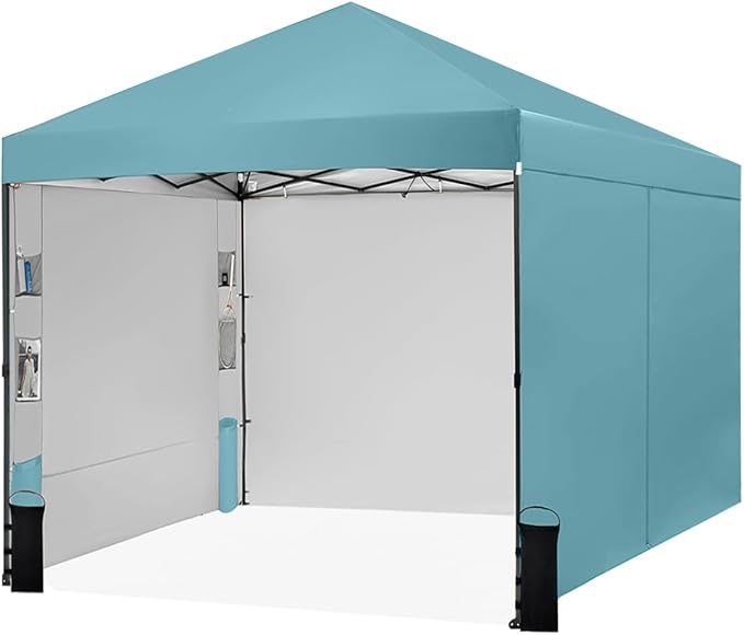 10X10 Comercial Pop Up Canopy Tent with 4 Sidewalls and 6 Pockets, One Push Setup Center Lock, for Beach Patio Outdoor, Case, 8 Stakes, 4 Ropes, 4 Sandbags (Sky Cyan)