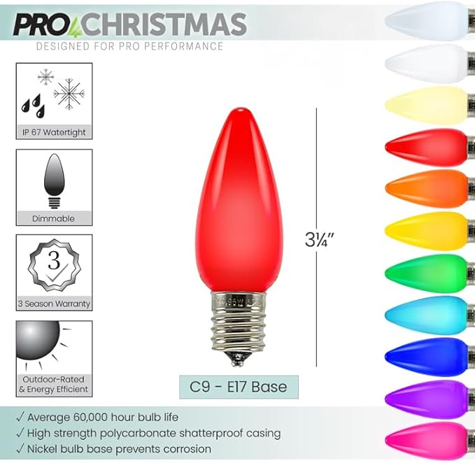 Pro Christmas SMD C9 LED Retrofit Bulb - Pro Pack of 25 Bulbs - Dimmable Energy Efficient Outdoor Waterproof Lighting for Holiday Decor, Christmas Trees - Frosted Smooth - Red