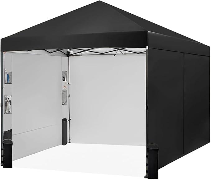 10X10 Comercial Pop Up Canopy Tent with 4 Sidewalls and 6 Pockets, One Push Setup Center Lock, for Beach Patio Outdoor, Case, 8 Stakes, 4 Ropes, 4 Sandbags (Pitch Black)