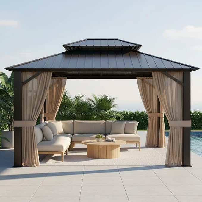 Premium 10x12 Hardtop Gazebo with Vented Metal Roof, Full Privacy Curtains & Mosquito Netting, Robust Aluminum Pergola for Patio, Garden & Deck – All-Season Weather Outdoor Shelter