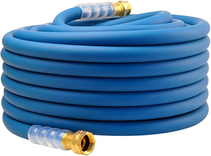 Heavy Duty Premium Garden Hose 90ft x 5/8, 300PSI Working, 1000PSI Burst, Hybrid Rubber Water Hose with Transparent Swivel Handle - Hot/Cold Water - Five Layered Braiding with Brass fittings (Blue)