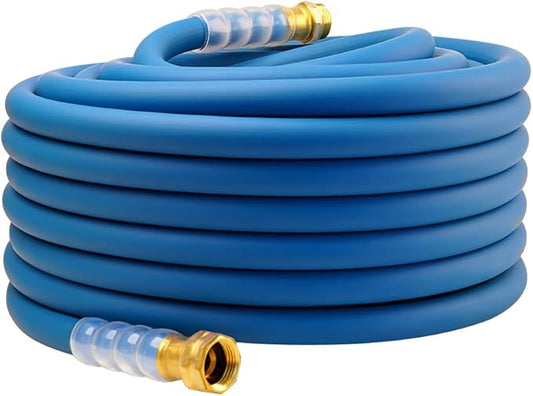 Heavy Duty Premium Garden Hose 90ft x 5/8, 300PSI Working, 1000PSI Burst, Hybrid Rubber Water Hose with Transparent Swivel Handle - Hot/Cold Water - Five Layered Braiding with Brass fittings (Blue)