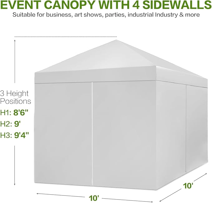 10X10 Comercial Pop Up Canopy Tent with 4 Sidewalls and 6 Pockets, One Push Setup Center Lock, for Beach Patio Outdoor, Case, 8 Stakes, 4 Ropes, 4 Sandbags (Snow White)