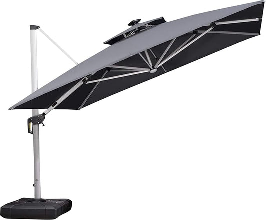 PURPLE LEAF 11 Feet Double Top Deluxe Solar Powered LED Square Patio Umbrella Offset Hanging Umbrella Outdoor Market Umbrella Garden Umbrella, Grey