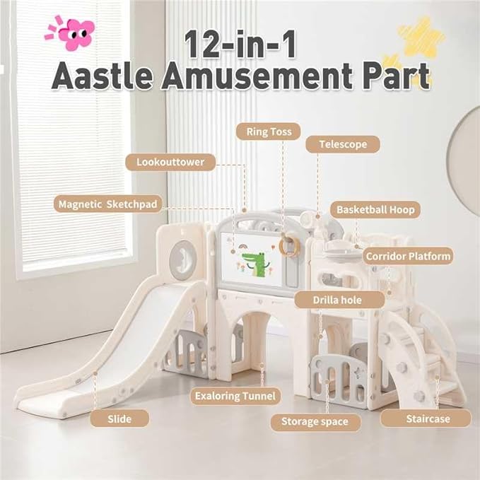 Outdoor Toddler Playset with Slide Set,Indoor Playground for Toddlers 1-3, Climber Play Set with Telescope Basketball Hoop,Tunnel Playhouse and Jungle Gym