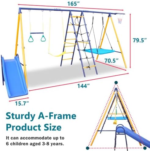7 in 1 Swing Set for Kids Backyard Outdoor A-Frame Heavy-Duty Metal Swing Sets with Slide, 2 Swing Seats, 1 Climbing Net & Ladder, 1 Gym Ring, 1 Basket, Blue, HK-S026-A