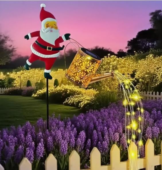 Solar Christmas Lights Outdoor, Waterproof Hanging Metal Watering Can Light Solar Christmas Decorations, Santa Solar Kettle Lights Holiday Displays for Garden Patio Path Yard Lawn