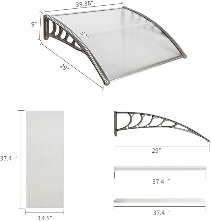 Window Awning Door Canopy Exterior- 32" x 40" Aluminum Door Awning, Polycarbonate Cover Patio Canopy Awning for House, Outside, Rain Snow & UV Resistant (Clear Board & Grey Bracket)