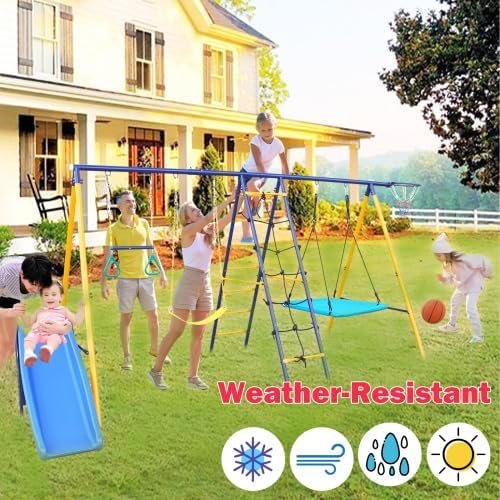 7 in 1 Swing Set for Kids Backyard Outdoor A-Frame Heavy-Duty Metal Swing Sets with Slide, 2 Swing Seats, 1 Climbing Net & Ladder, 1 Gym Ring, 1 Basket, Blue, HK-S026-A