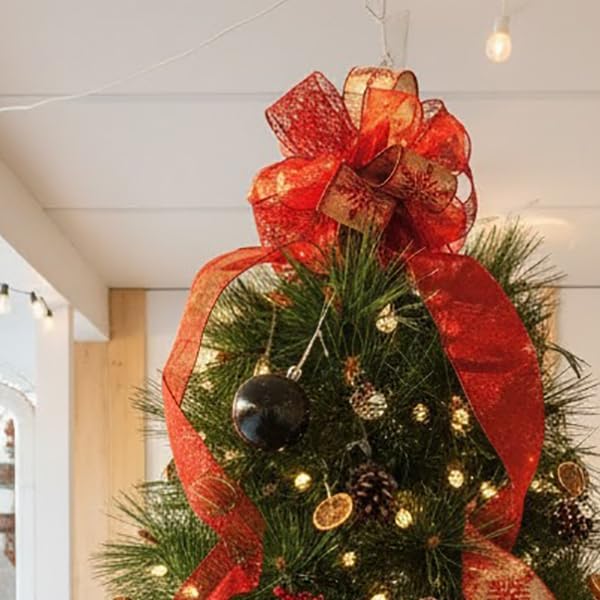CT CRAFT LLC Red Snowflake Christmas Tree Topper Bow 11" with 4 Ribbon Streamers x 3 Yards Long Each for Holidy Elegant Fancy Home Décor Indoor