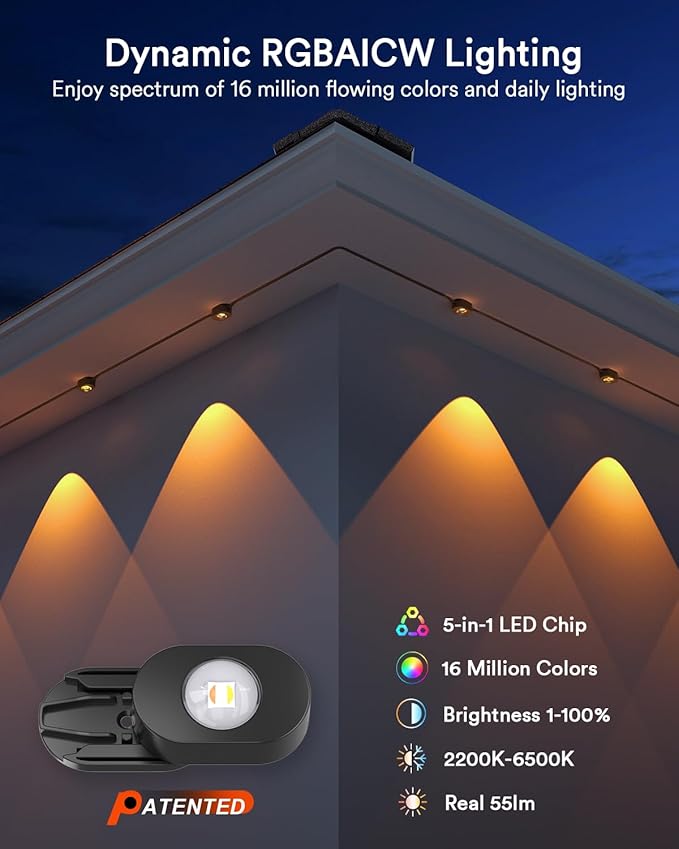 Lumary Smart Permanent Outdoor Lights 2 with Remote & Slide-Base, 200ft with 120 RGBAICW LED 7200lm for Daily & Accent Lighting, Work with Alexa Google, 110+ Scene for Halloween Christmas Decor, Black
