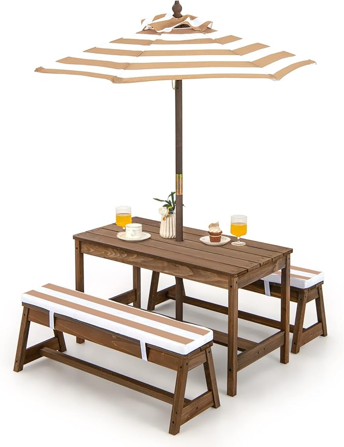 Costzon Kids Picnic Table, Toddler Wood Table & Chair Set w/Cushions, Height Adjustable Umbrella, Children Activity Table Outdoor Furniture Set for Patio, Garden, Backyard, Gift for Ages 3-8 (Coffee)