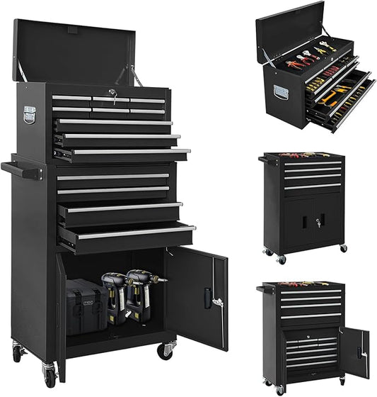 13-Drawer Double Door Rolling Tool Chest, 2 in 1 Detachable Tool Chest,Tool Box with Drawers and Wheels, Large Tool Cabinet with Lock, Metal Standing Toolbox for Garage Workshop-Black