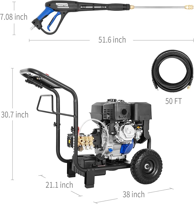 BILT HARD 4000 PSI 4.0 GPM GAS Pressure Washer, 302cc Engine, Gas Power Washer with Triplex Pump, Spray Gun and Wand, Built-In Soap Tank, 5 QC Nozzle Tips, 50 Ft Hose with 3/8 Quick Connect, 49-State