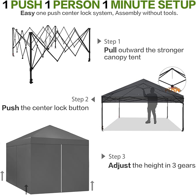 10X10 Comercial Pop Up Canopy Tent with 4 Sidewalls and 6 Pockets, One Push Setup Center Lock, for Beach Patio Outdoor, Case, 8 Stakes, 4 Ropes, 4 Sandbags (Charcoal Grey)
