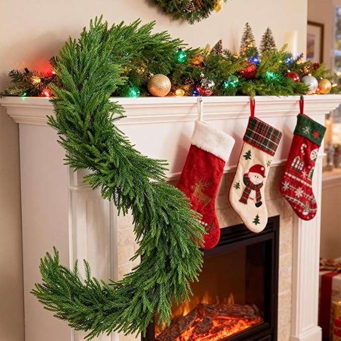 9 FT Artificial Norfolk Pine Garland, Real Touch Dense Faux Greenery Garland for Mantle, Table, Wall, Indoor & Outdoor Christmas Decorations, Christmas Garland